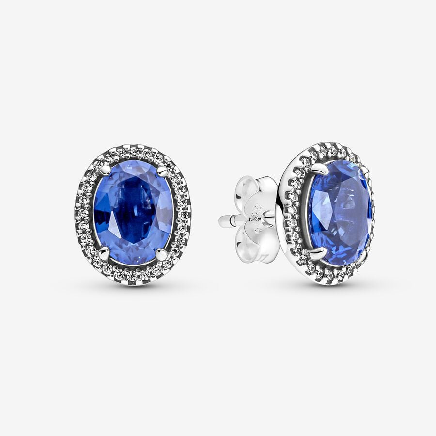Pandora Silver Stud Earrings with Princess Blue Crystal