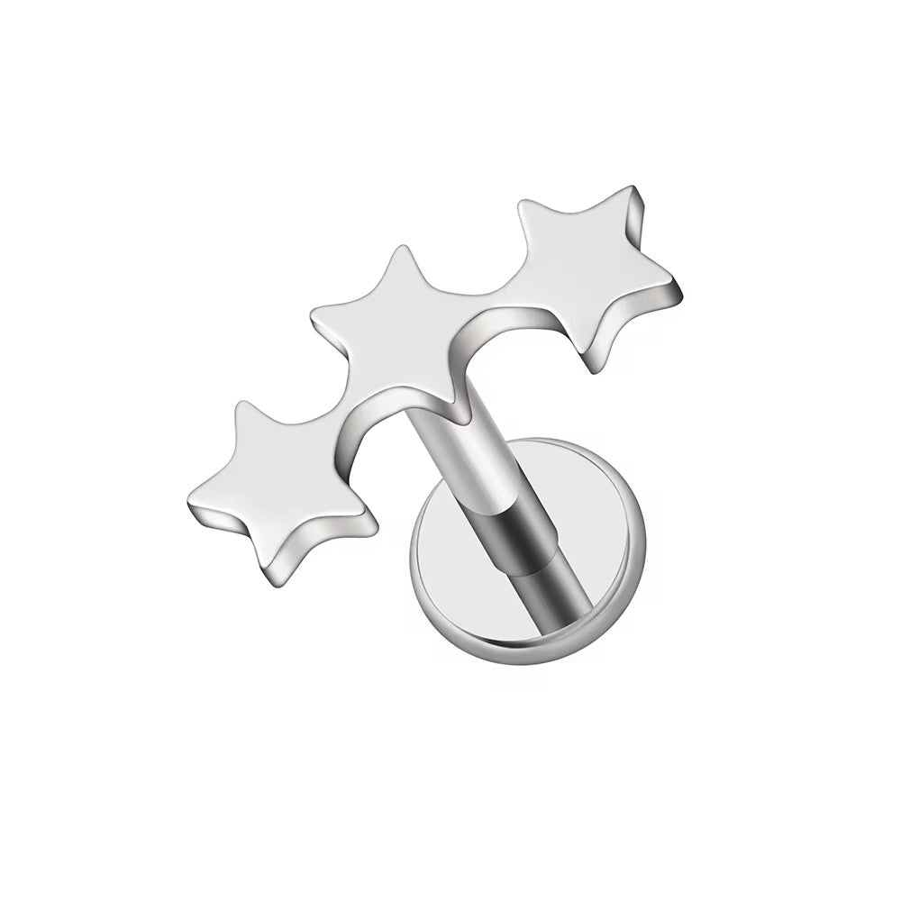 Mococo Silver Titanium Labret Triple Star Flatback Single Earring