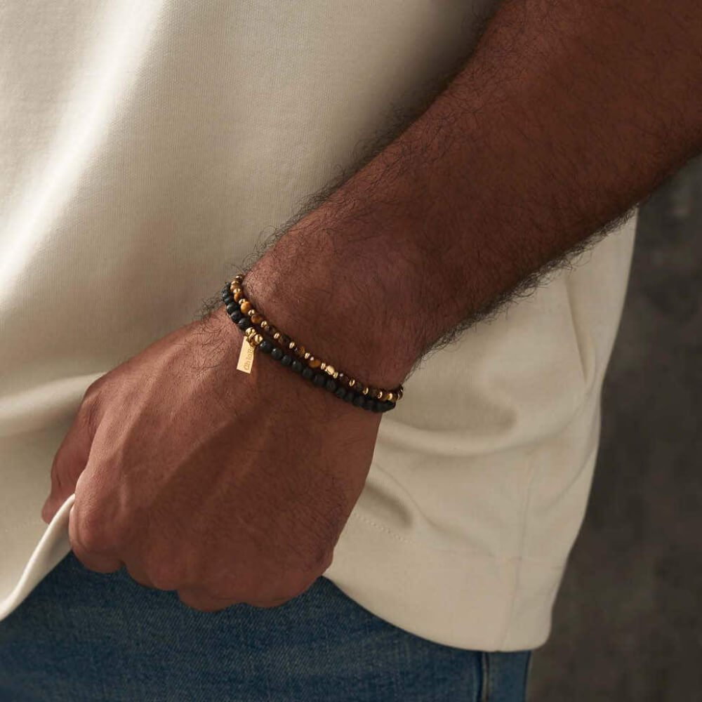 ChloBo Men's Gold Black Lava & Tiger's Eye Set Of 2 - MococoChloBoGBSETBLTEM9507969357233Bracelets
