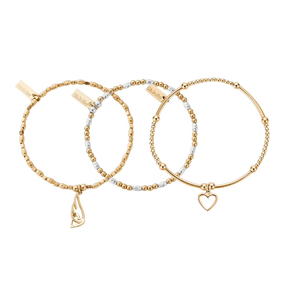 ChloBo Silver and Gold Angel Wing and Heart Set of 3 Bracelets - MococoChloBoBracelets