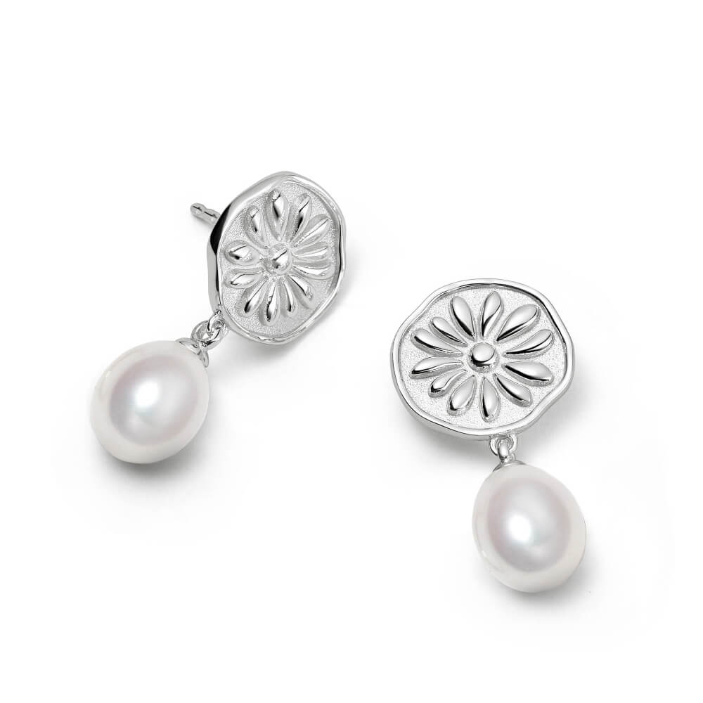 Daisy London Sterling Silver Daisy Pearl Drop Earrings - MococoDaisy LondonDBE05_SLVEarrings