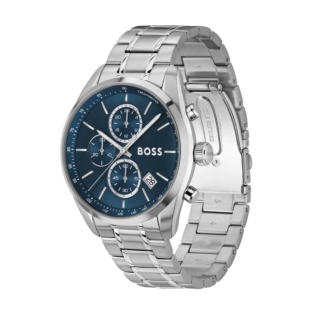 Hugo Boss Silver and Blue Grand Prix 44 Round Gents Bracelet Watch 4