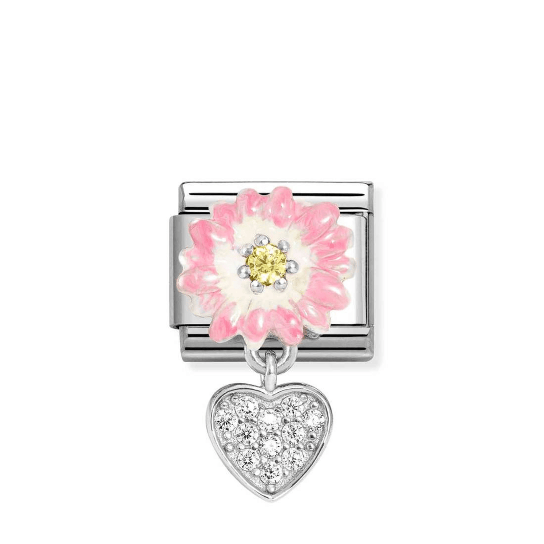Nomination Classic Silver And Pink Enamel Daisy With Dangle Heart Charm - MococoNomination331814/078033497550293Charms and Links