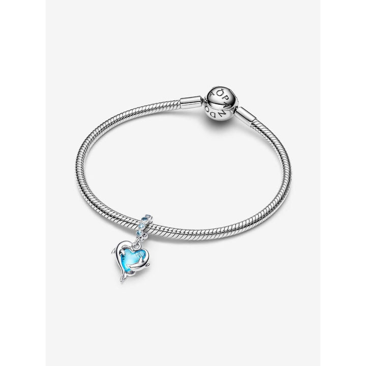 Pandora Sterling Silver Blue Murano Glass Dolphins Dangle Charm Image 6