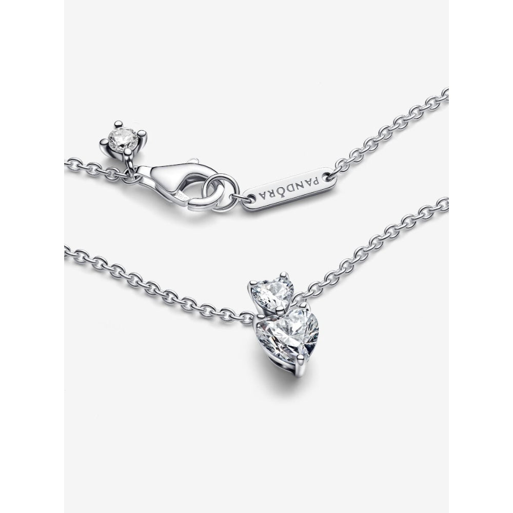 Pandora Sterling Silver Double Heart Pendant Sparkling Collier Necklace Image 6