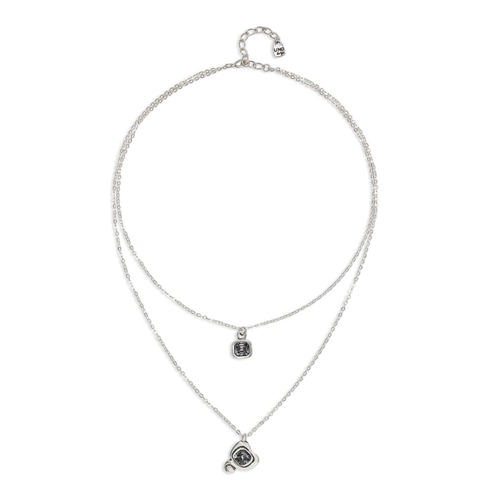 UNOde50 Sterling Silver - Plated Double Chain and Hearts with Black Crystal Pendant - MococoUNOde50COL2002NGRMTL0UNecklaces