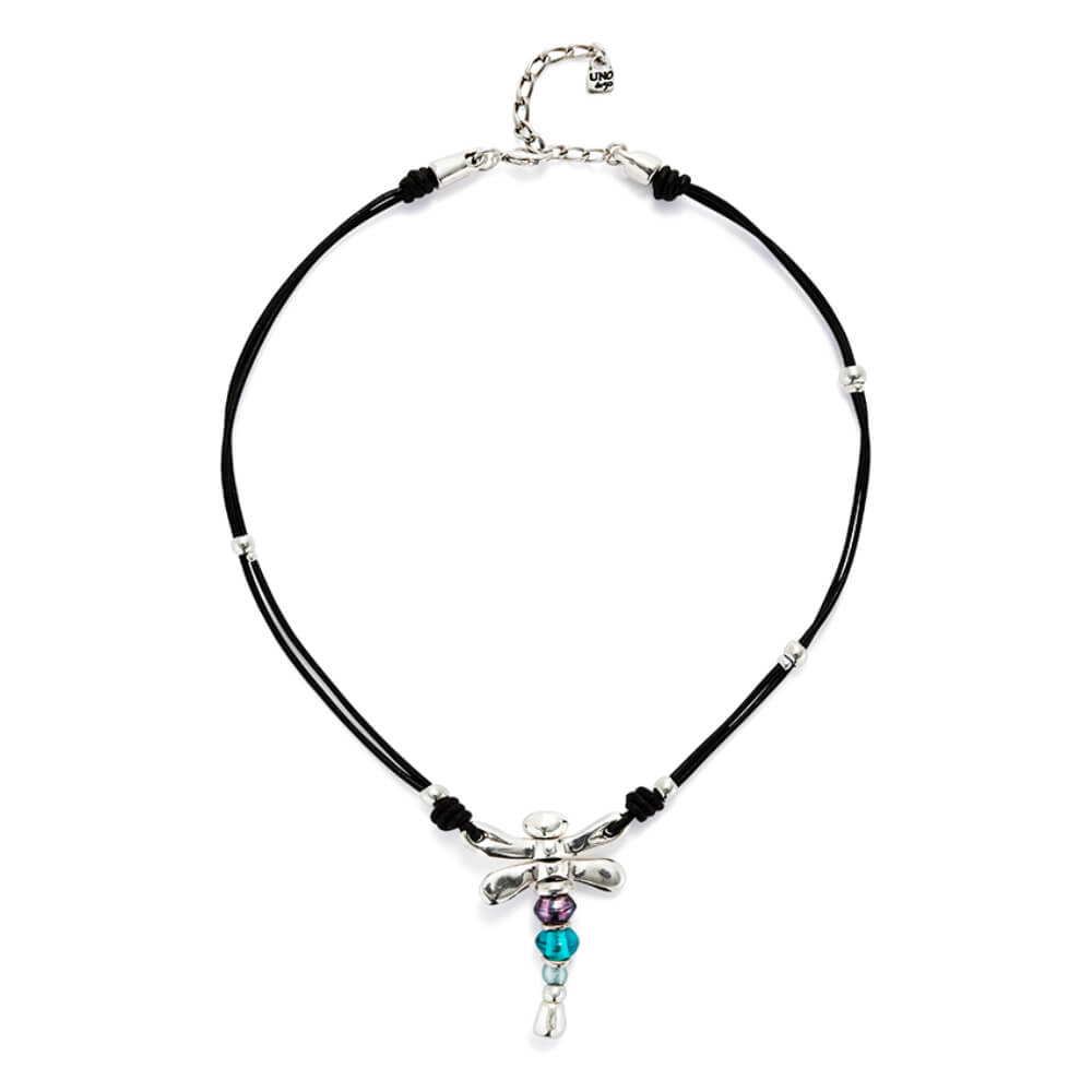 UNOde50 Sterling Silver - Plated Dragonfly and Crystals Leather Necklace - MococoUNOde50COL1959MCLMTL0UNecklaces