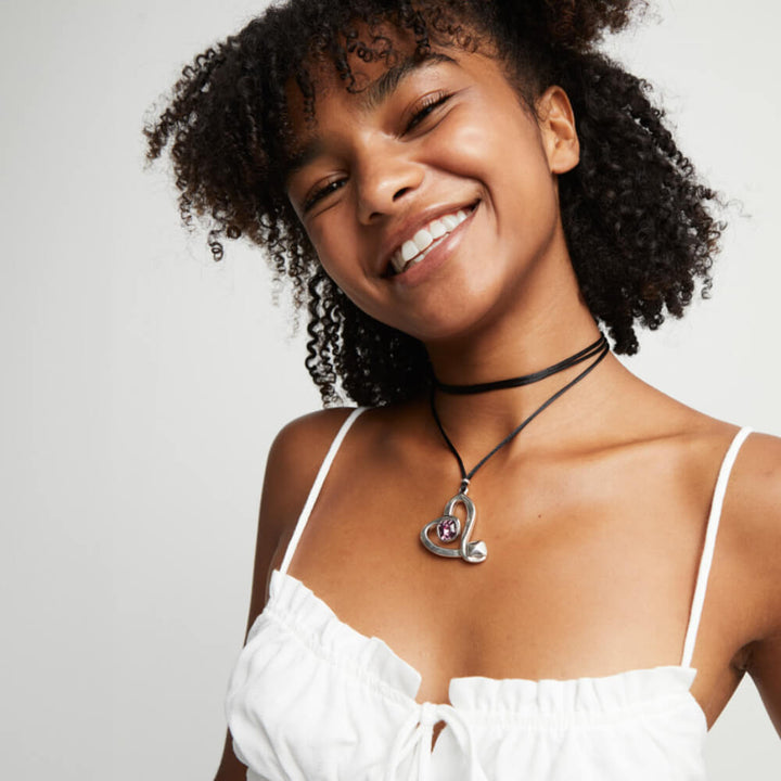 UNOde50 Sterling Silver - Plated Heart with Black Crystal Central Long Pendant - MococoUNOde50Necklaces