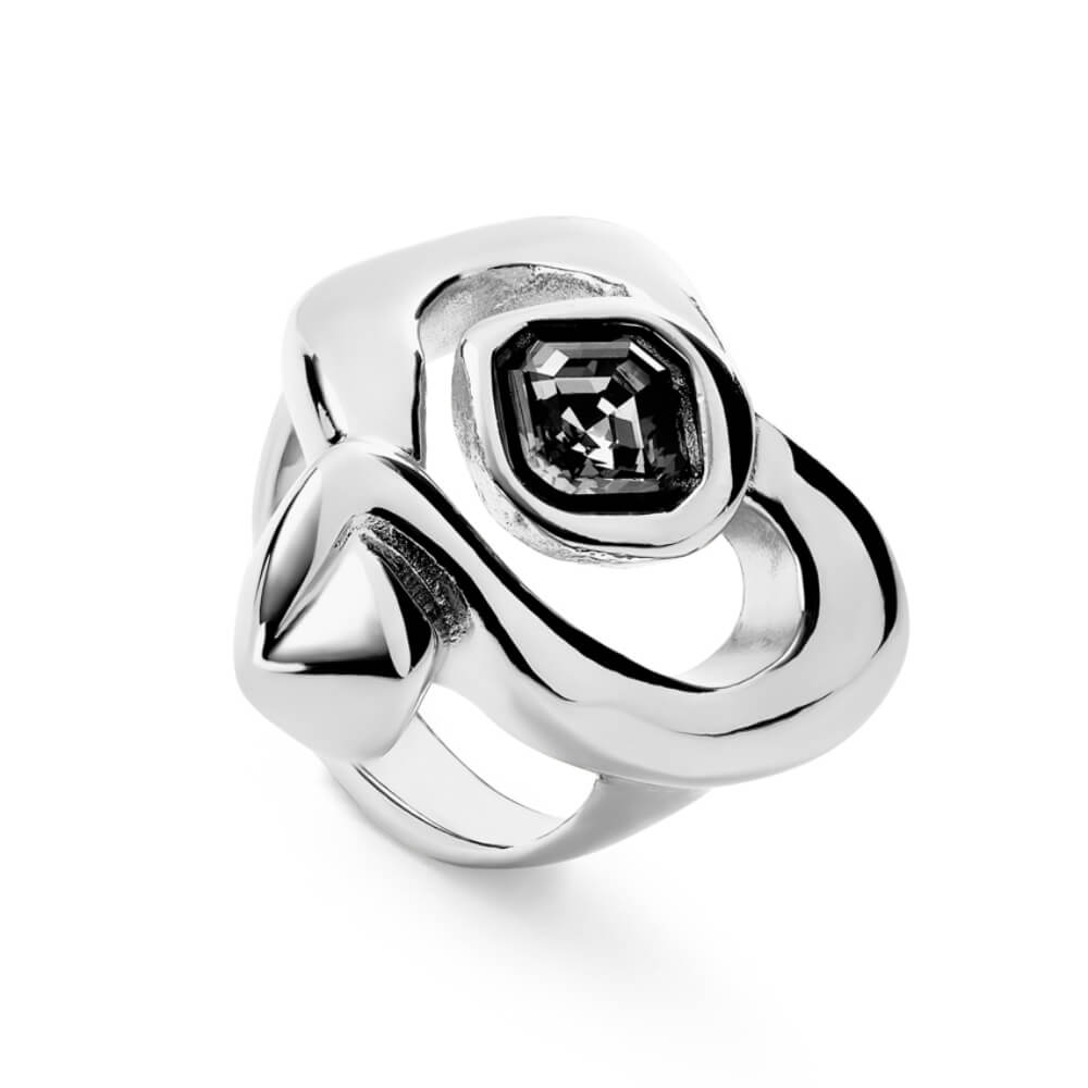 UNOde50 Sterling Silver - Plated Large Heart and Central Black Crystal Ring - MococoUNOde50ANI0842NGRMTL12Rings