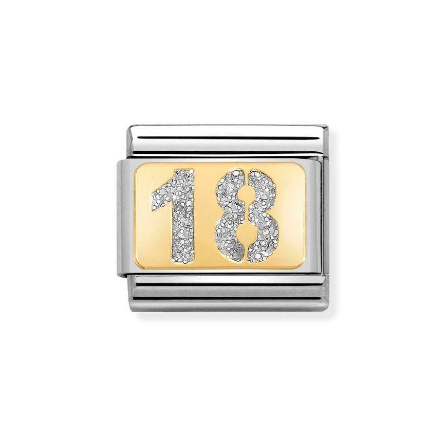 Nomination Classic 18K Gold Number 18 Silver Glitter Charm - MococoNomination030224/018033497491459Charms and Links