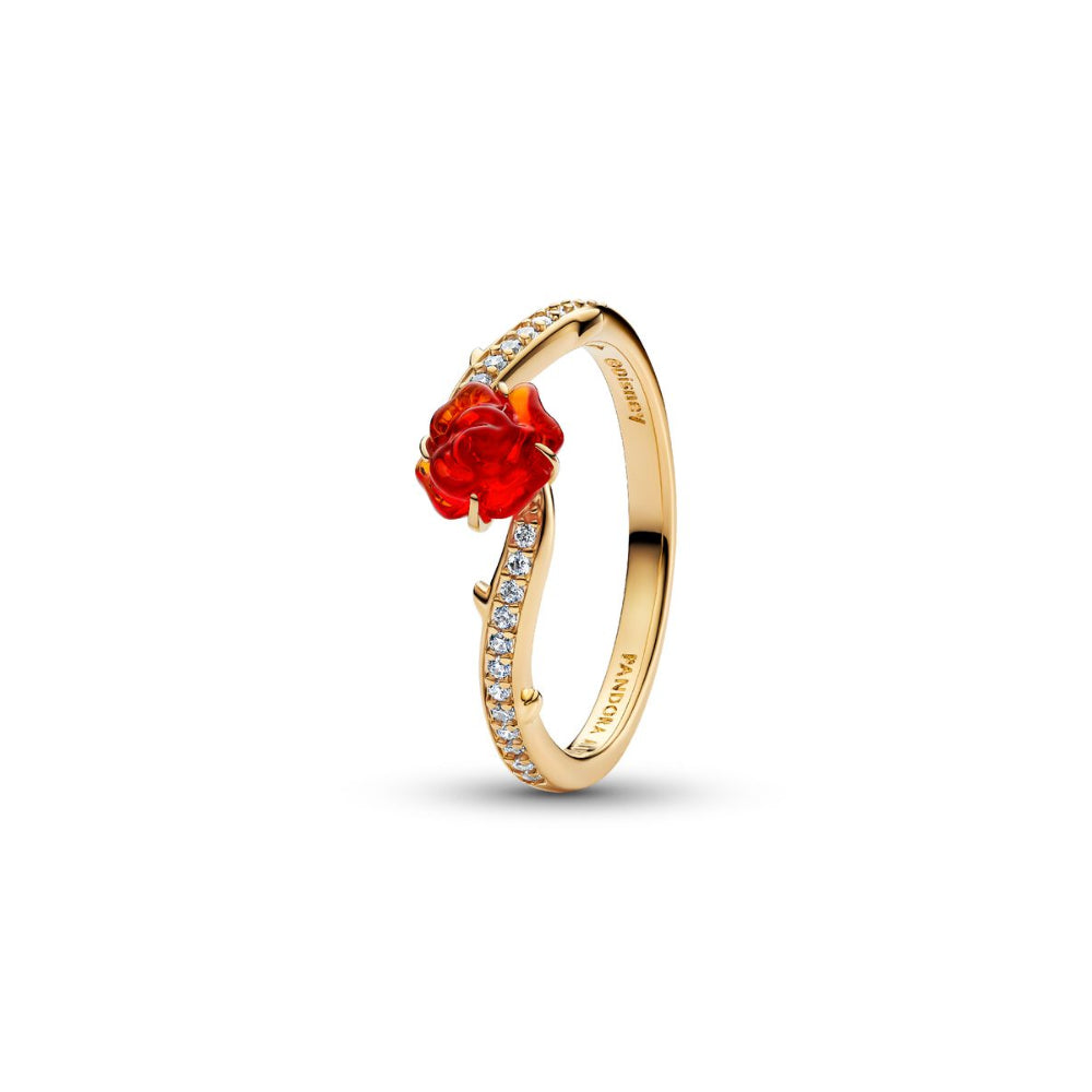 14K Gold-Plated Disney Beauty and The Beast Rose with Clear Cubic Zirconia and Red Murano Glass Ring image