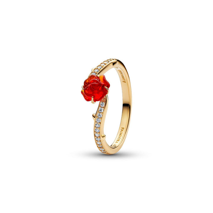 14K Gold-Plated Disney Beauty and The Beast Rose with Clear Cubic Zirconia and Red Murano Glass Ring image