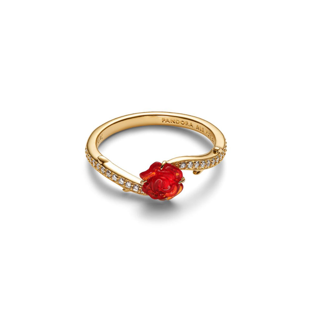 14K Gold-Plated Disney Beauty and The Beast Rose with Clear Cubic Zirconia and Red Murano Glass Ring image 3