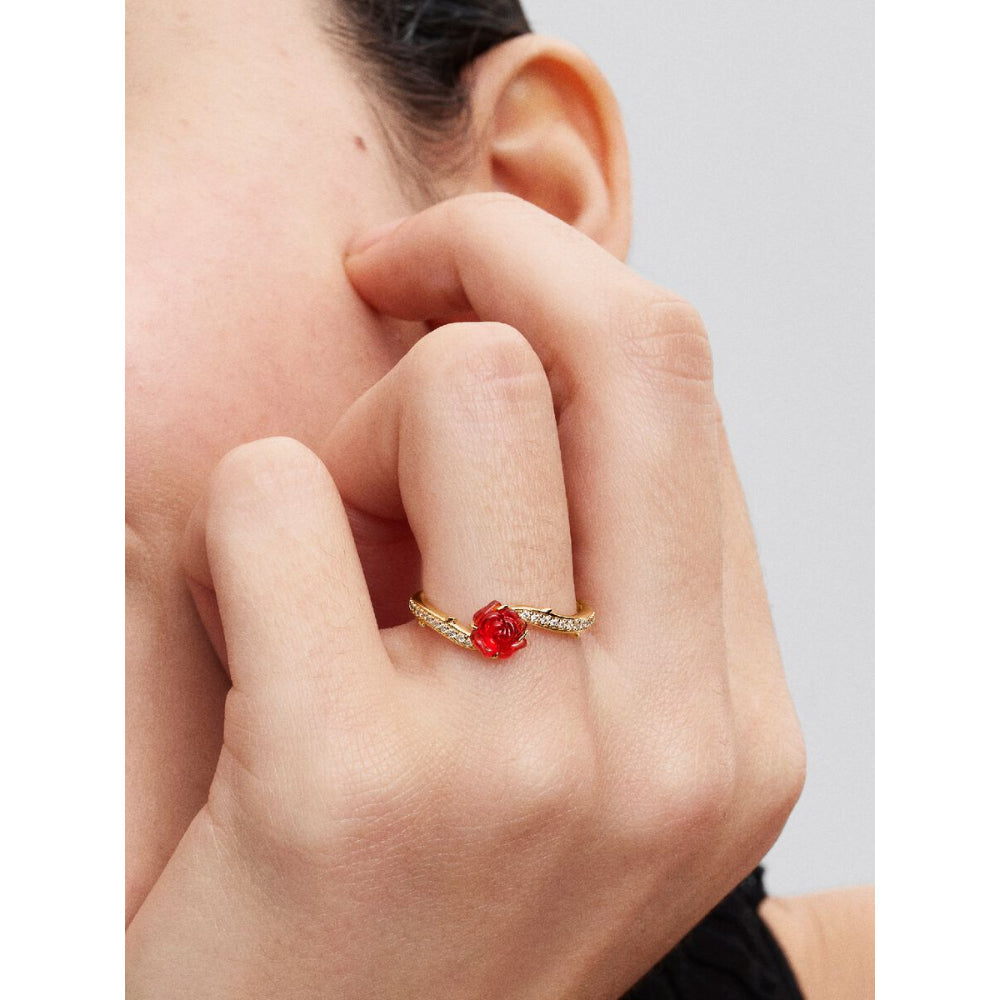 14K Gold-Plated Disney Beauty and The Beast Rose with Clear Cubic Zirconia and Red Murano Glass Ring image 1