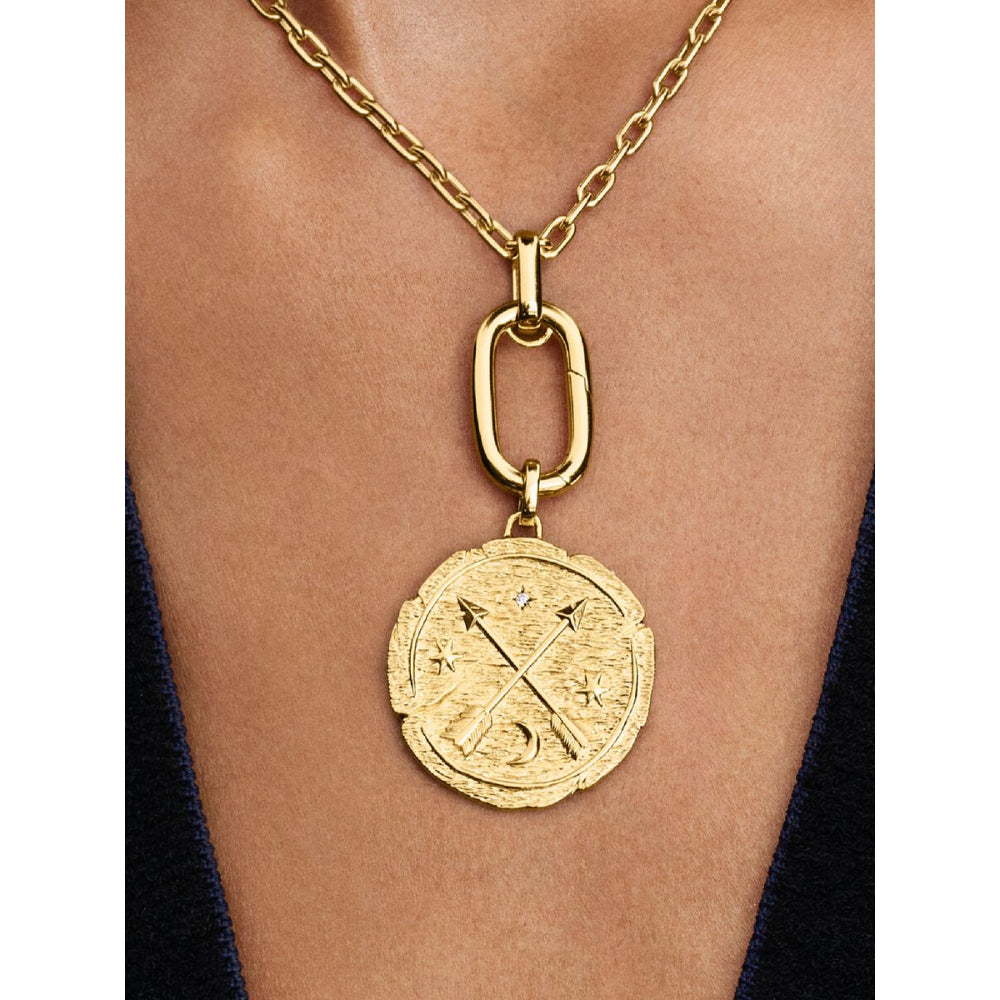 14K Gold-Plated Medallion Crossing Arrows with Clear Cubic Zirconia image 1