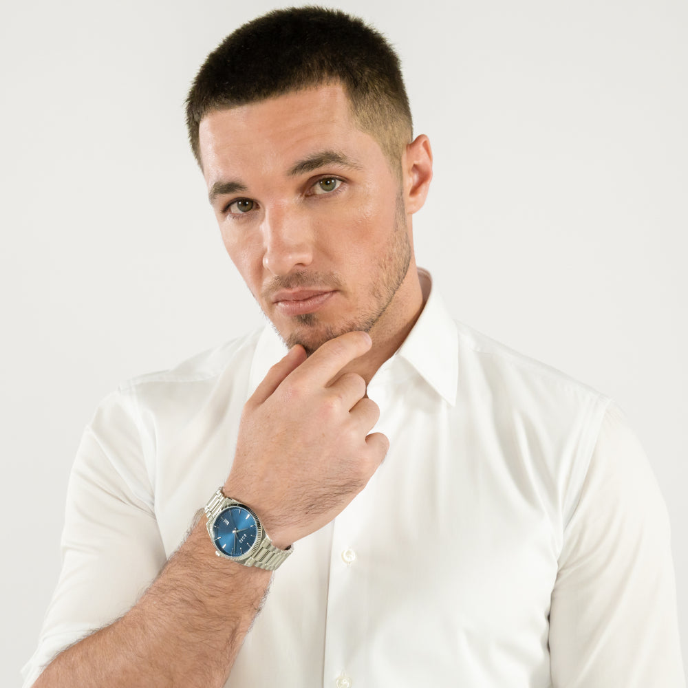 Hugo Boss Silver Cheswick Stainless Steel Blue Watch image 1