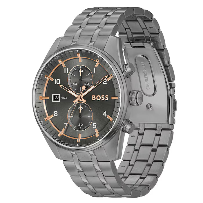 Hugo Boss Silver and Grey Skytraveller Round Mens Chronograph Watch