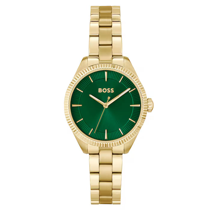 Hugo Boss Light Yellow Gold and Green Sage Round Ladies IP Bracelet Watch