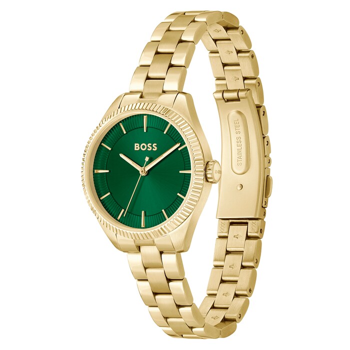 Hugo Boss Light Yellow Gold and Green Sage Round Ladies IP Bracelet Watch