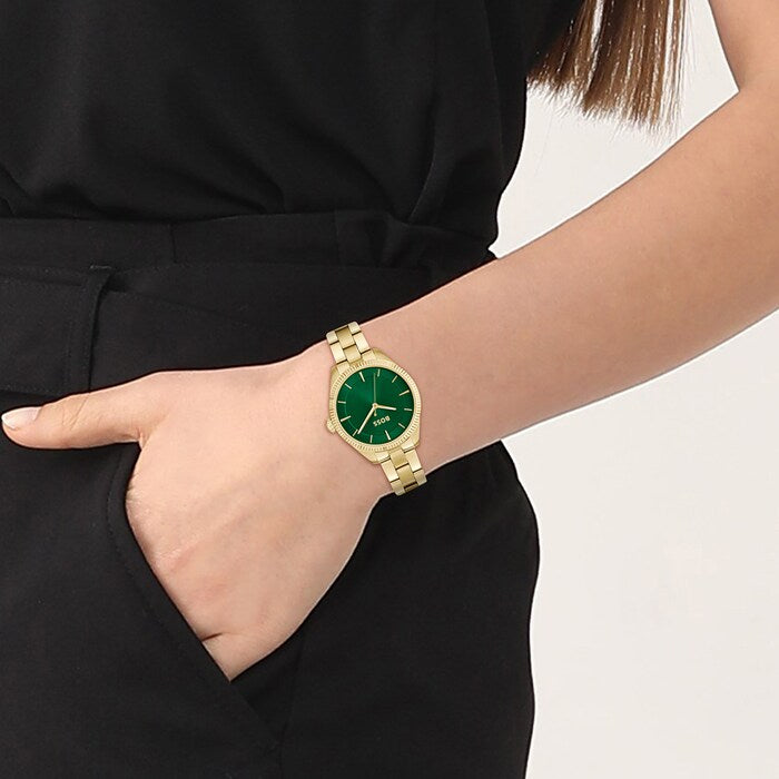 Hugo Boss Light Yellow Gold and Green Sage Round Ladies IP Bracelet Watch
