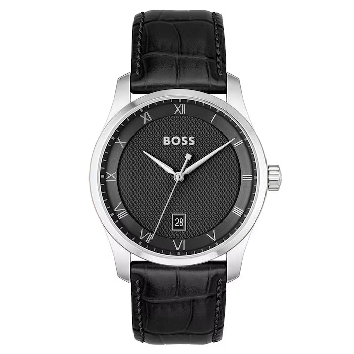 Hugo Boss Silver and Black Principle Round Mens Leather Strap Watch