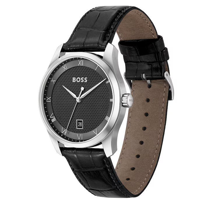 Hugo Boss Silver and Black Principle Round Mens Leather Strap Watch