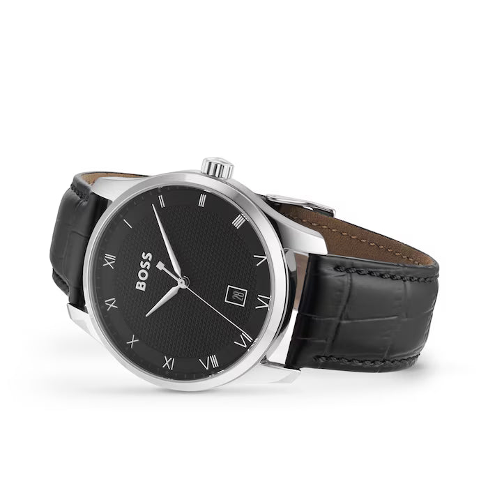 Hugo Boss Silver and Black Principle Round Mens Leather Strap Watch