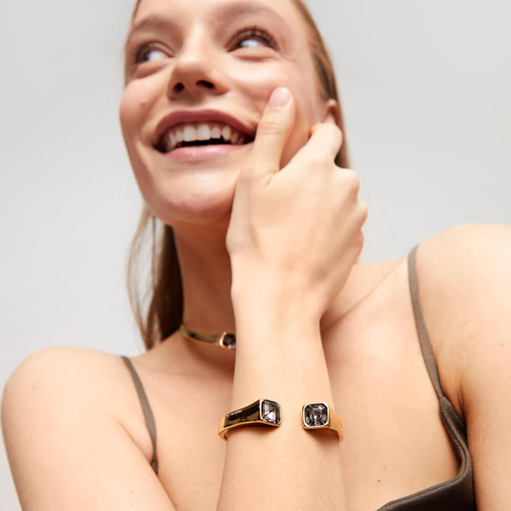 18K Gold-Plated Cuff Bracelet with Black Crystal image 2