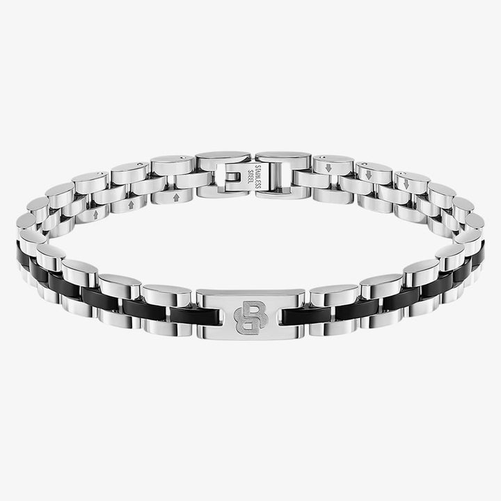 Boss Archer Two Tone Black Enamel &amp; Stainless Steel Link Bracelet
