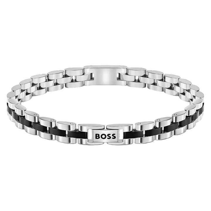 Boss Archer Two Tone Black Enamel &amp; Stainless Steel Link Bracelet