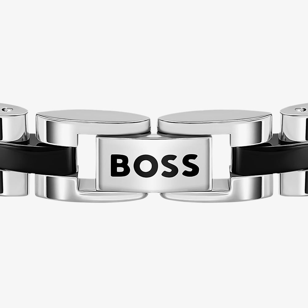 Boss Archer Two Tone Black Enamel &amp; Stainless Steel Link Bracelet