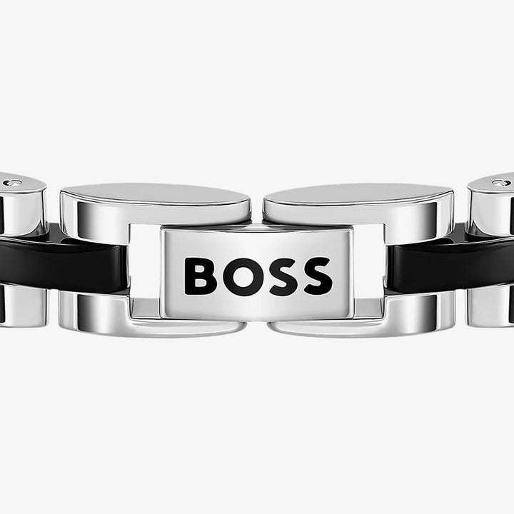 Boss Archer Two Tone Black Enamel &amp; Stainless Steel Link Bracelet