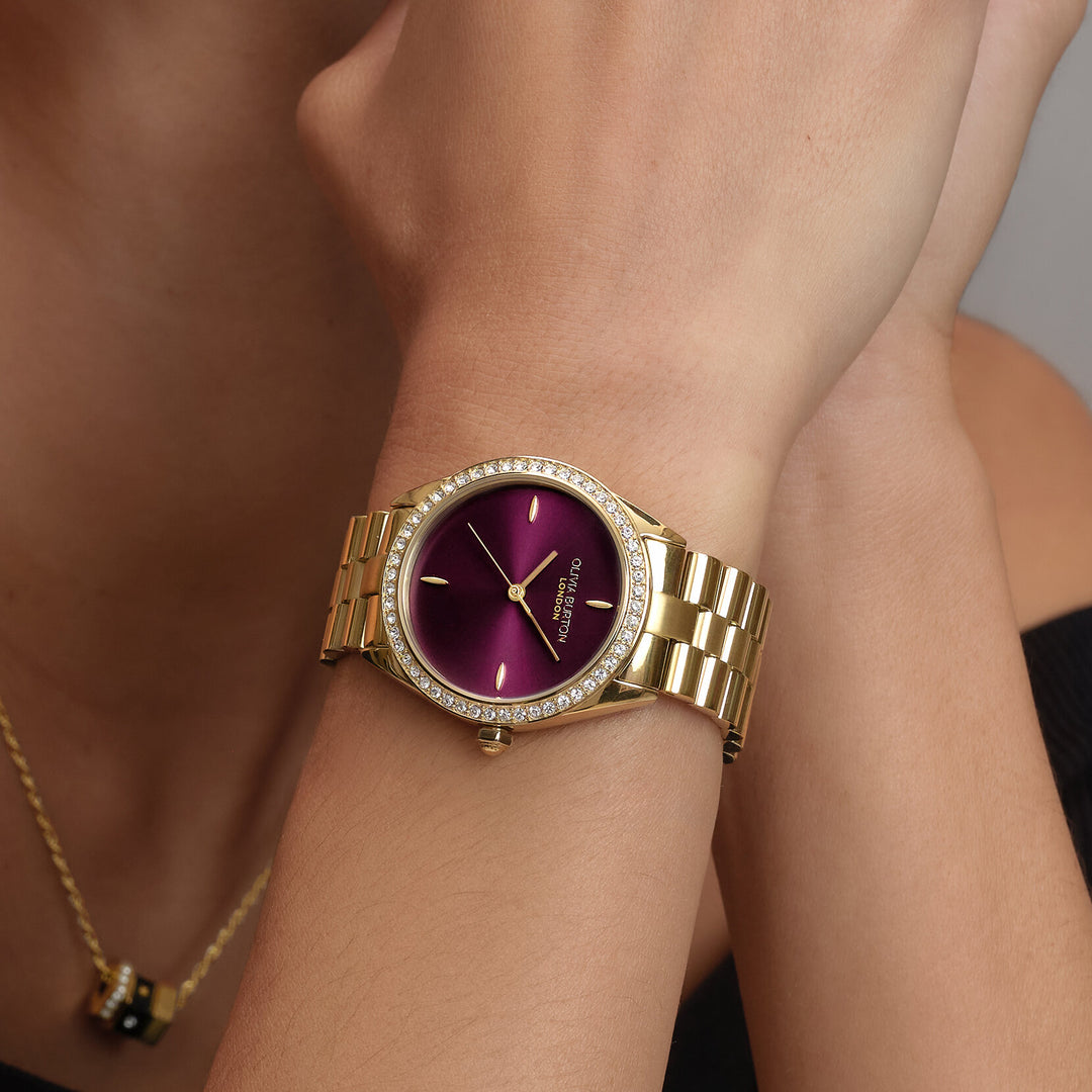 Olivia Burton Sports Luxe 34mm Bejewelled Cherry Lacquer & Gold Bracelet Watch