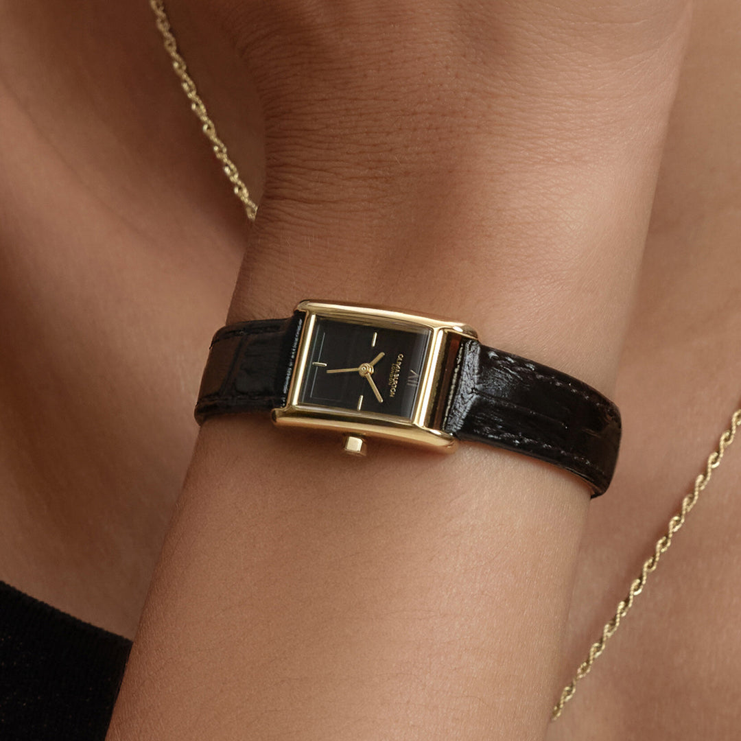 Olivia Burton Classic Mini Grove 16mm Gold & Black Leather Strap Watch