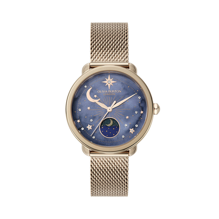 Olivia Burton Celestial 34mm Moon Phase Navy & Rose Gold Mesh Watch