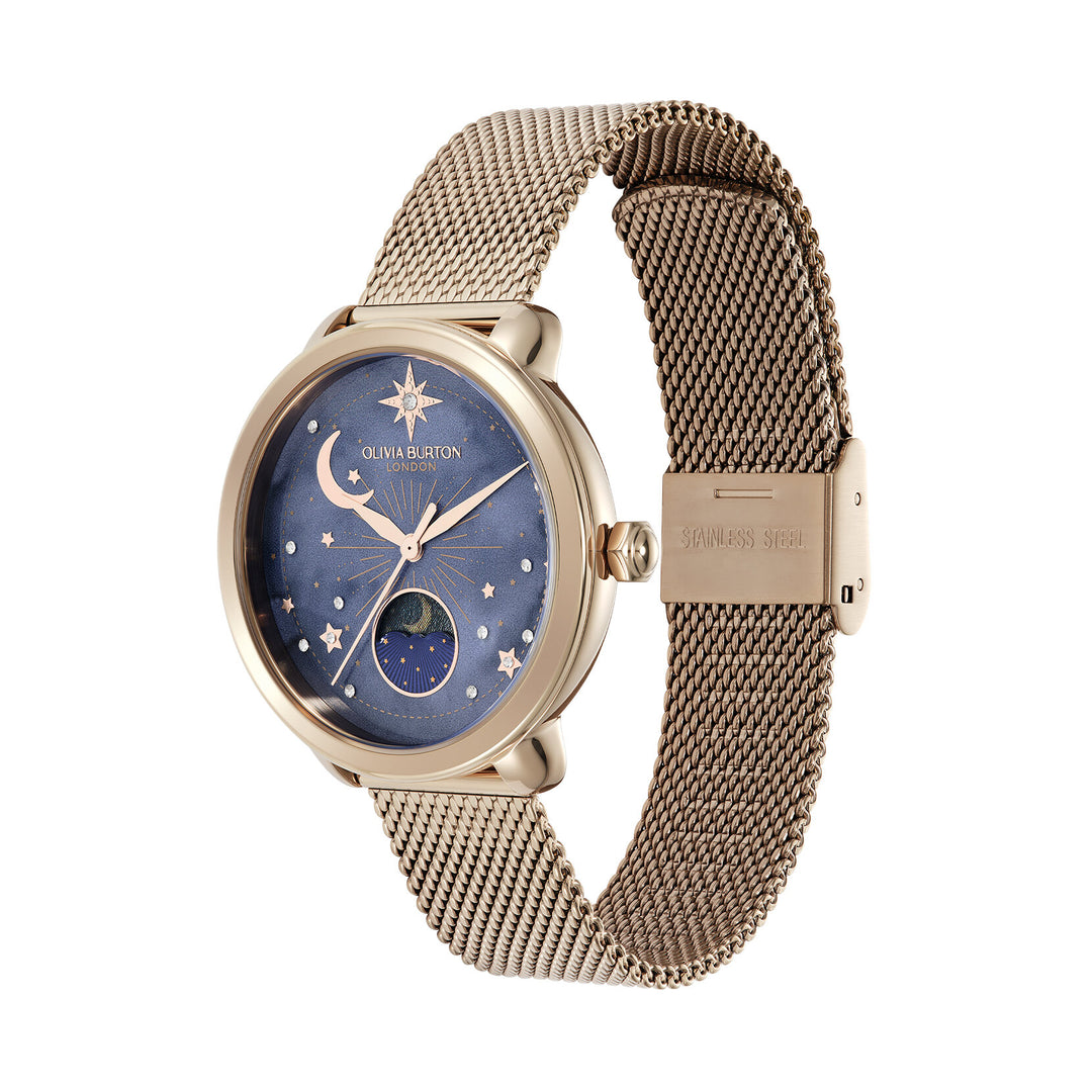 Olivia Burton Celestial 34mm Moon Phase Navy & Rose Gold Mesh Watch