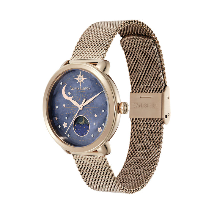 Olivia Burton Celestial 34mm Moon Phase Navy & Rose Gold Mesh Watch