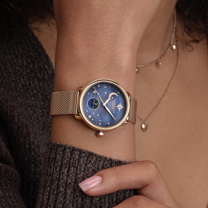 Olivia Burton Celestial 34mm Moon Phase Navy & Rose Gold Mesh Watch