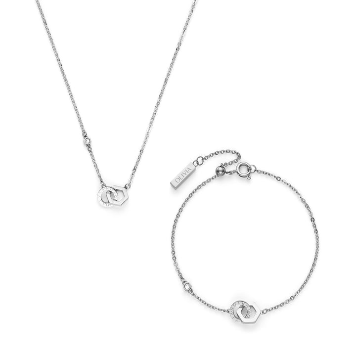 Olivia Burton Silver Hex Interlink Bracelet & Necklace Gift Set