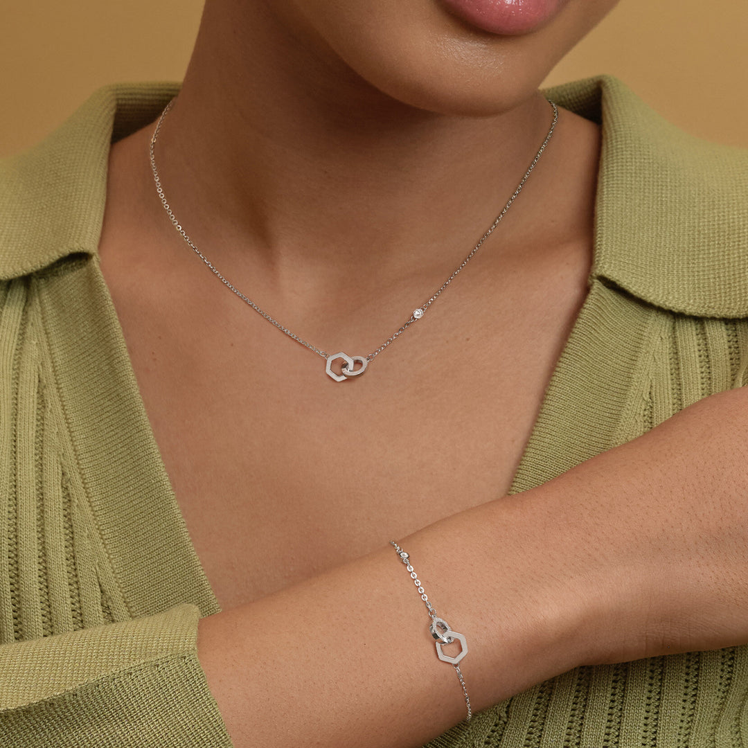 Olivia Burton Silver Hex Interlink Bracelet & Necklace Gift Set
