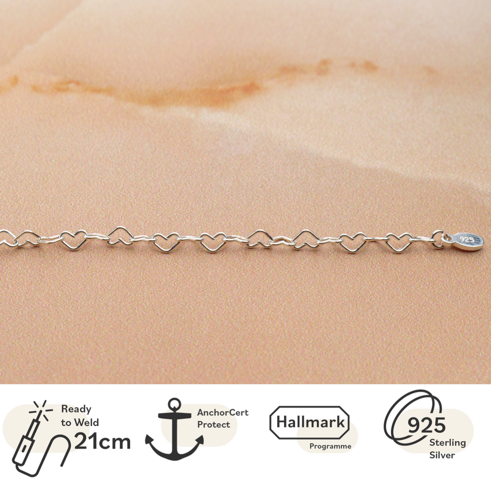 Elegant Sterling Silver Heart Link Chain Bracelet, 3.2mm, 21cm Length