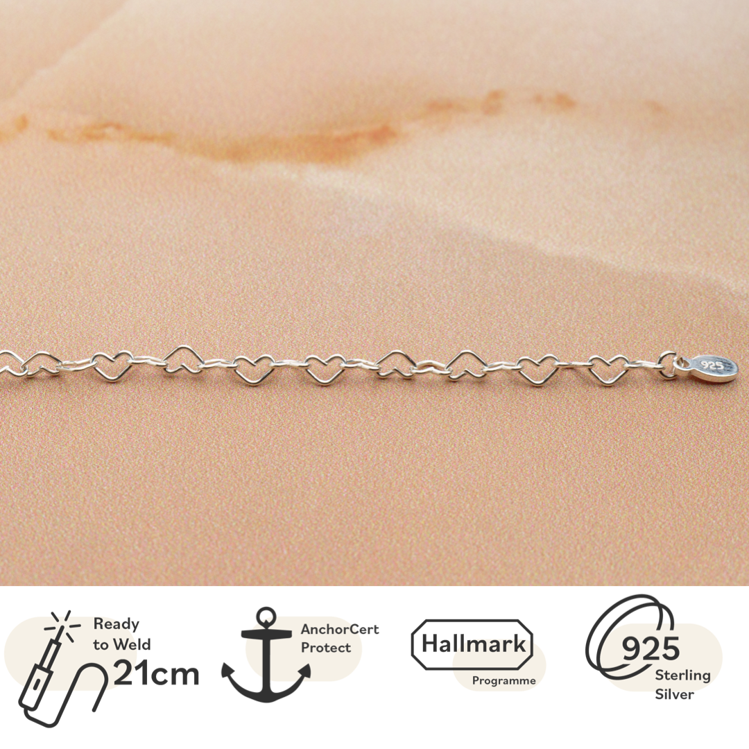 Elegant Sterling Silver Heart Link Chain Bracelet, 3.2mm, 21cm Length