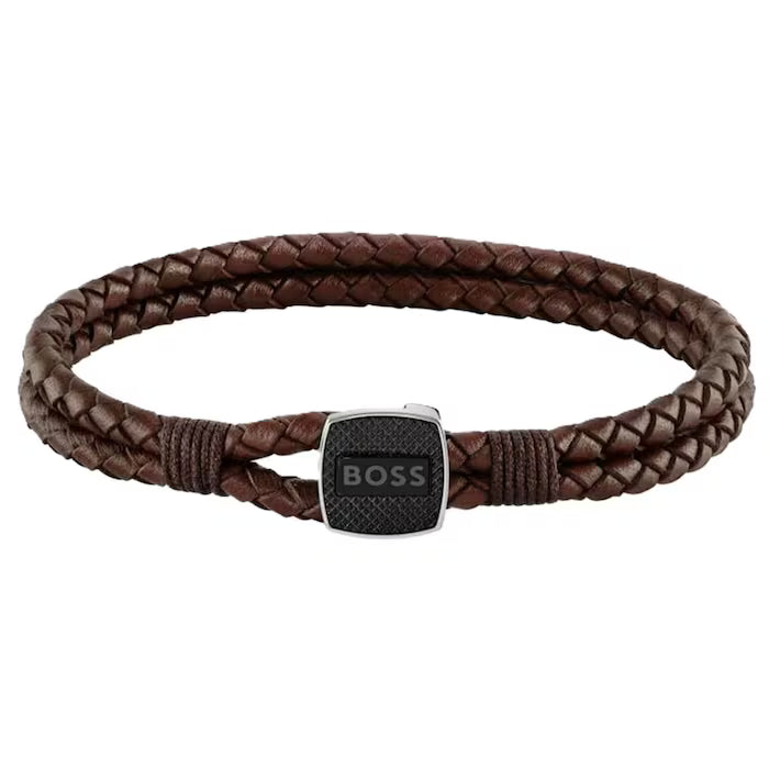 Hugo Boss Brown Seal Mens Braided Leather Bracelet