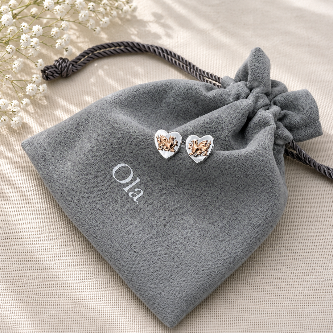 Ola Silver and Rose Gold Heart Welsh Dragon Earrings