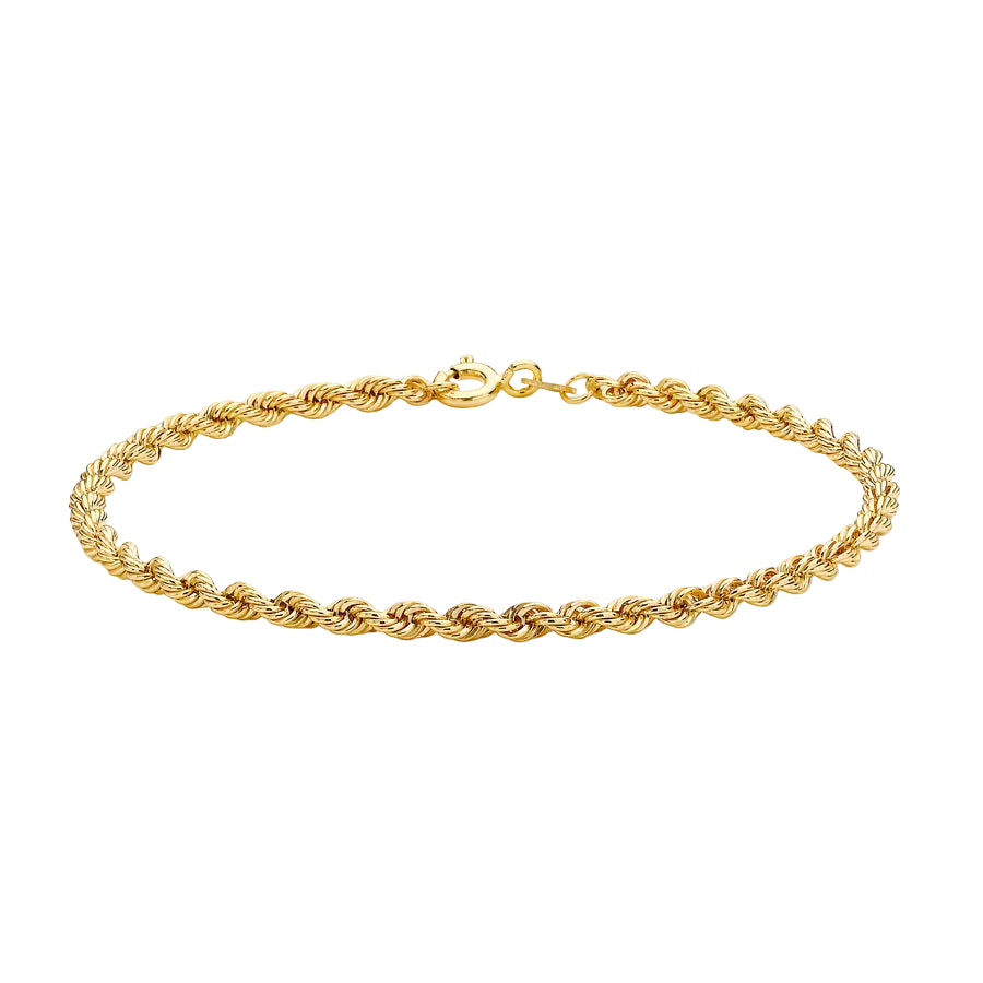 9ct Yellow Gold 50 Hollow Rope Chain Bracelet 18cm