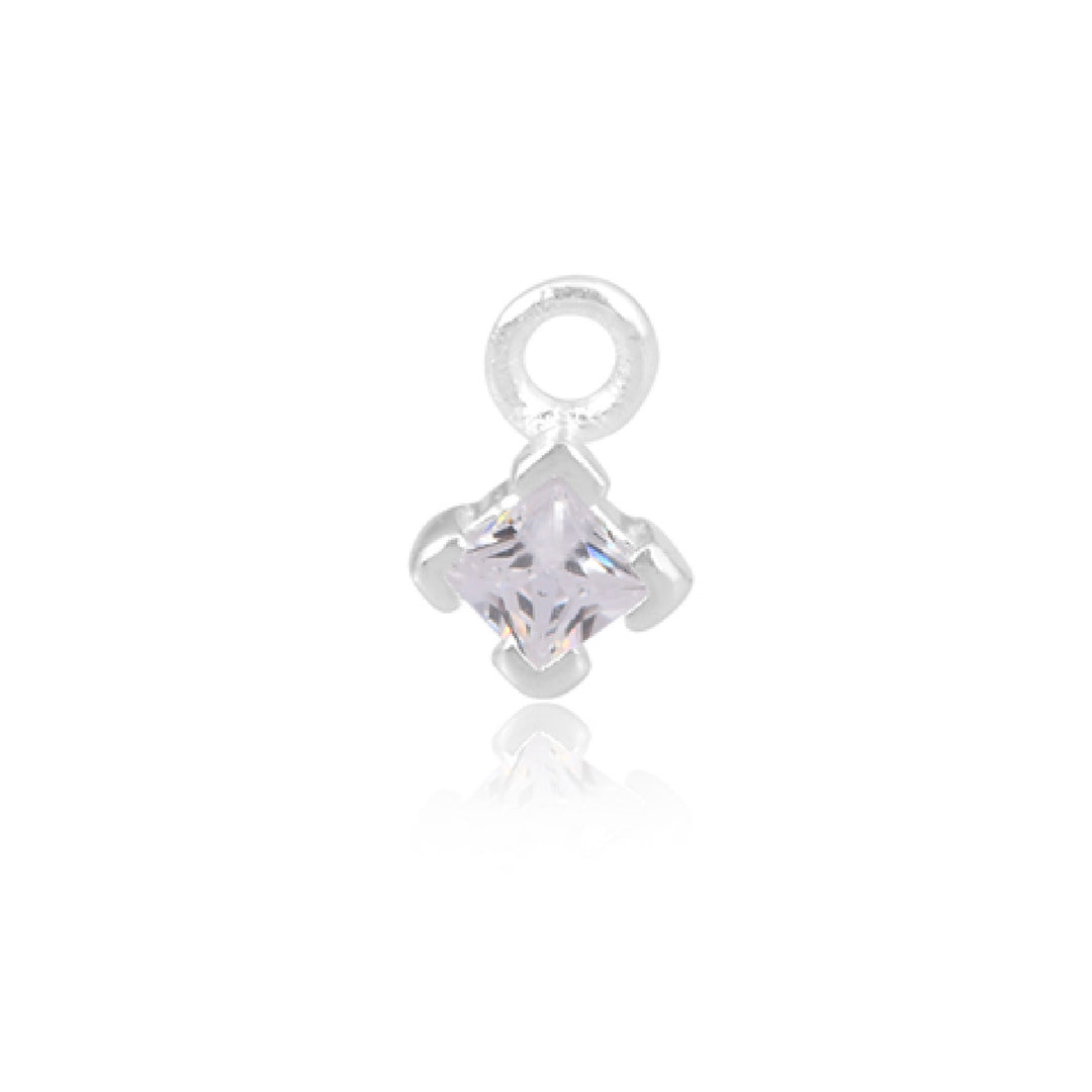 Exquisite 3mm Square CZ Charm - April Birthstone, White Rhodium Plated Silver
