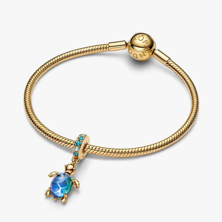 Pandora Gold Sea Turtle Murano Glass Dangle Charm