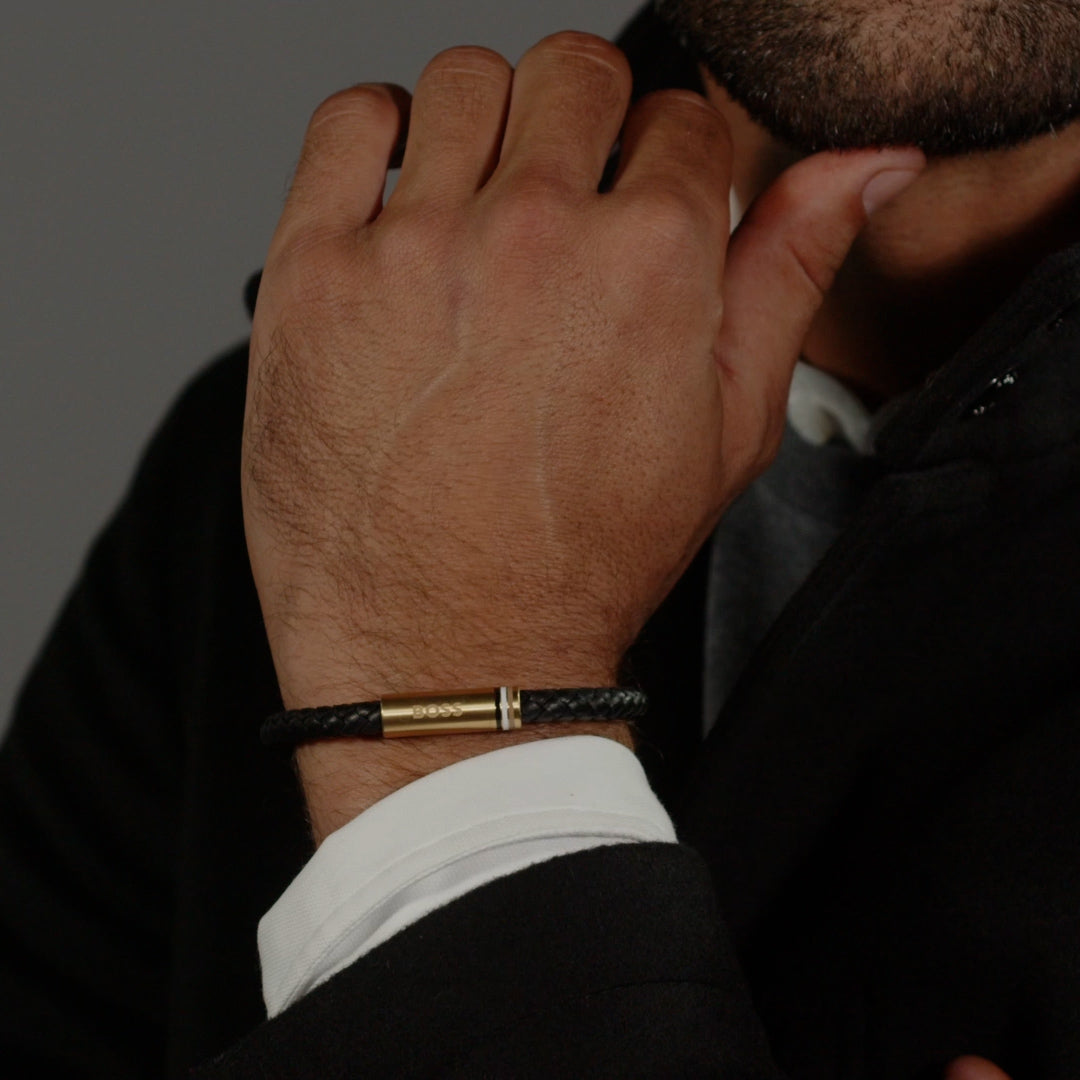 Boss Ares Black Braided Leather Cuff - Mococo