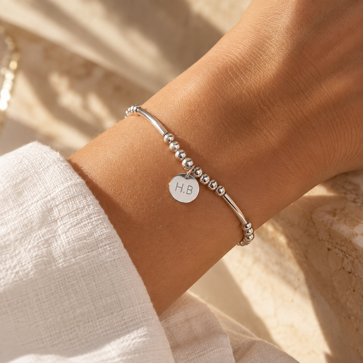Ola Silver Disc Engravable Beaded Bracelet