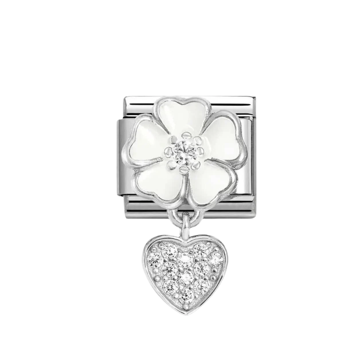 Nomination Classic Silver with White Flower and Dangle Heart Charm